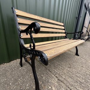 Refurbished Iron Cast Charred Oak Black Garden Patio Bench